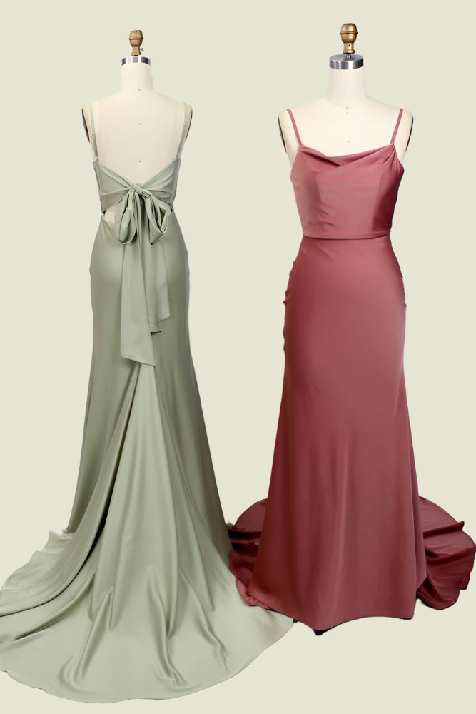 Dusty Sage Cowl Neck Mermaid Satin Long Bridesmaid Dresses