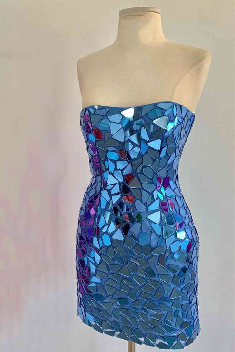 Blue Strapless Cut Glass Sequined Strapless Bodycon Homecoming Dresses