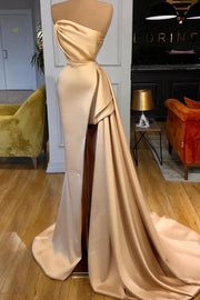 Champagne Mermiad Satin Long Prom Dresses with Slit