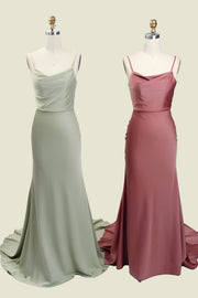 Dusty Sage Cowl Neck Mermaid Satin Long Bridesmaid Dresses