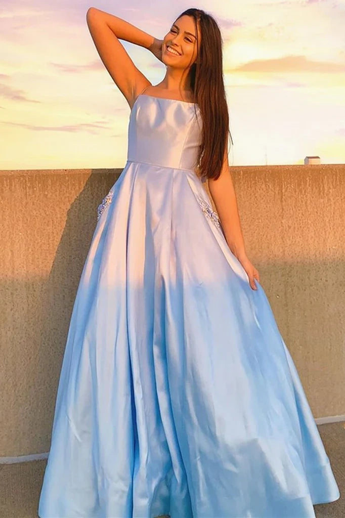 Blue Floor-Length A-Line Sain Prom Dresses with Pockets