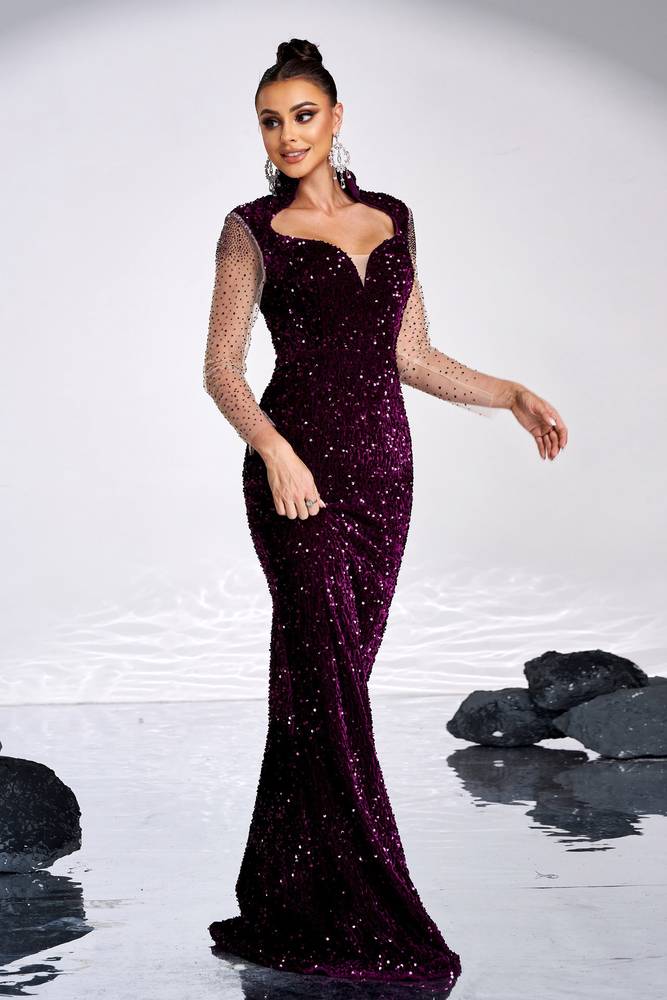 Grape V-Neck Mermaid Sequin Long Sleeves Evening Dresses
