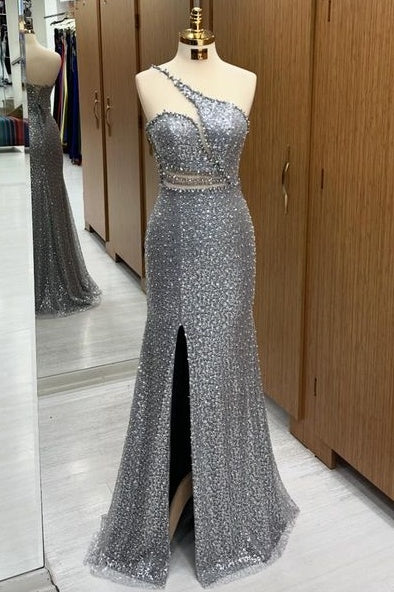 Chic Floor-Length Spaghetti Straps Sequined Mermaid Prom Dresses with Slit