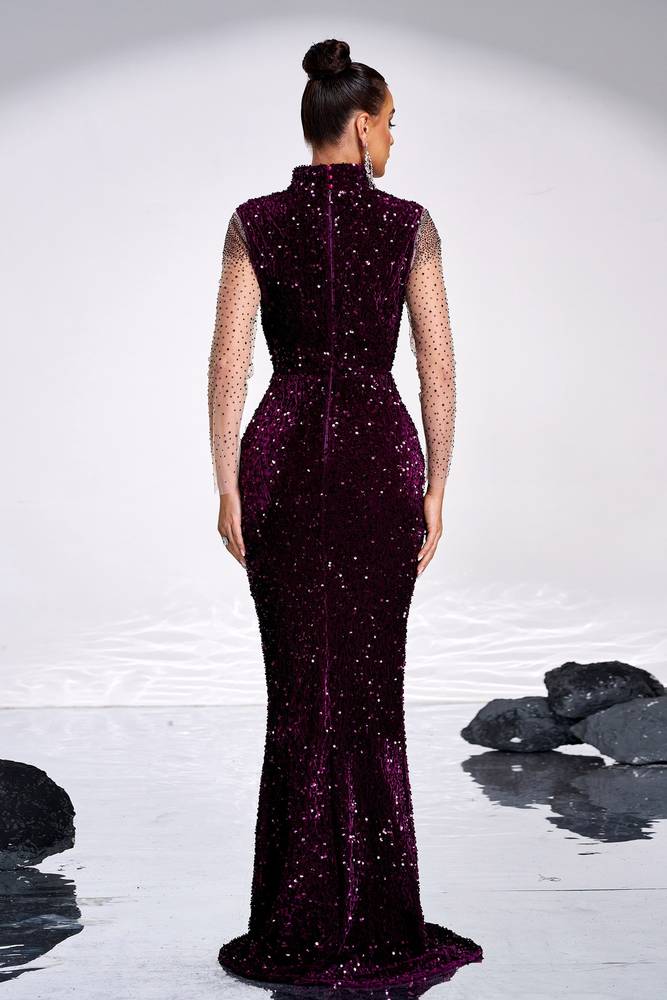 Grape V-Neck Mermaid Sequin Long Sleeves Evening Dresses