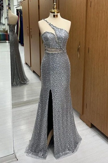 Chic Floor-Length Spaghetti Straps Sequined Mermaid Prom Dresses with Slit