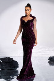 Grape V-Neck Mermaid Sequin Long Sleeves Evening Dresses
