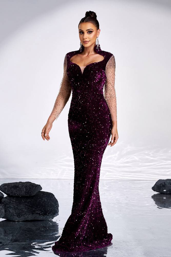Grape V-Neck Mermaid Sequin Long Sleeves Evening Dresses