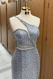 Chic Floor-Length Spaghetti Straps Sequined Mermaid Prom Dresses with Slit