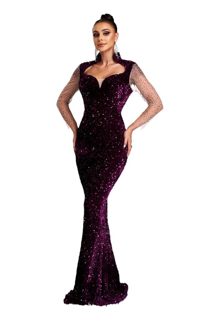 Grape V-Neck Mermaid Sequin Long Sleeves Evening Dresses