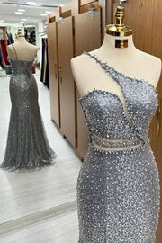 Chic Floor-Length Spaghetti Straps Sequined Mermaid Prom Dresses with Slit