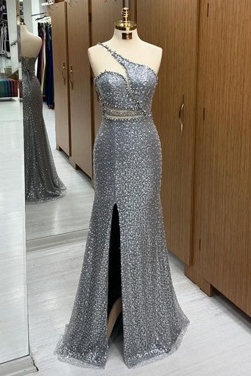 Chic Floor-Length Spaghetti Straps Sequined Mermaid Prom Dresses with Slit