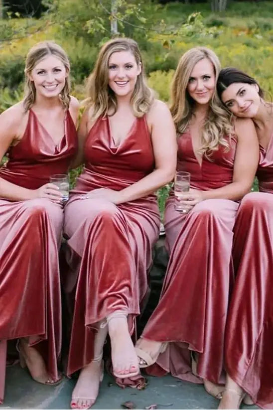 Red Cowl Neck Sleeveless Long Velvet Bridesmaid Dresses