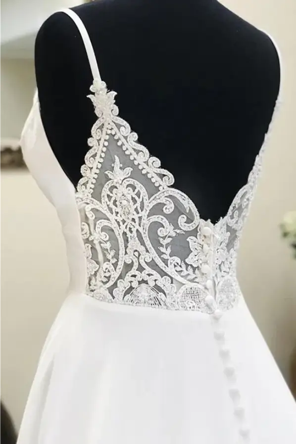 Sexy Deep V-Neck Sleeveless Long A-Line Satin Lace Wedding Dresses