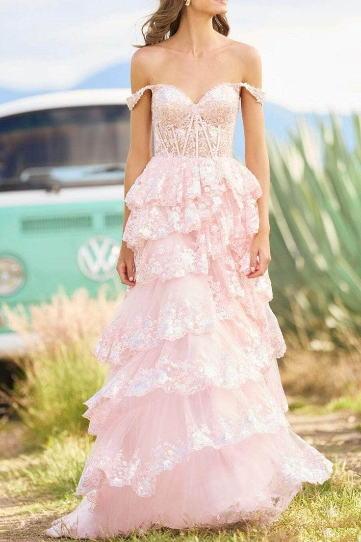 Blushing Pink Sequined V-Neck A-Line Layered Tulle Long Formal Dresses