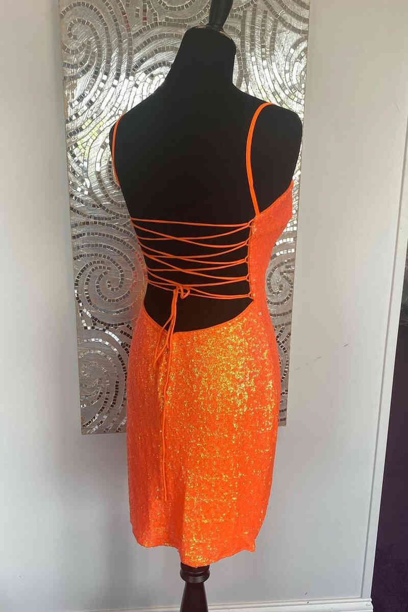 Orange Spaghetti Straps Sweetheart Sequined Short Mermaid Homecoming Dresses with Slit