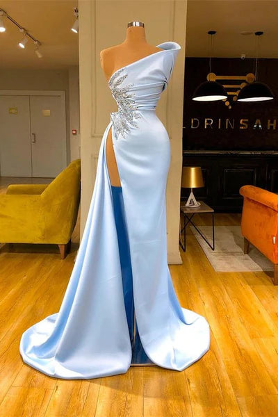 Light Blue Strapless Mermaid Satin Split Front Prom Dresses with Rhinestones