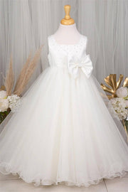 White Beaded Floor-Length Sleeveless Ball Gown Tulle Flower Girl Dresses with Bow