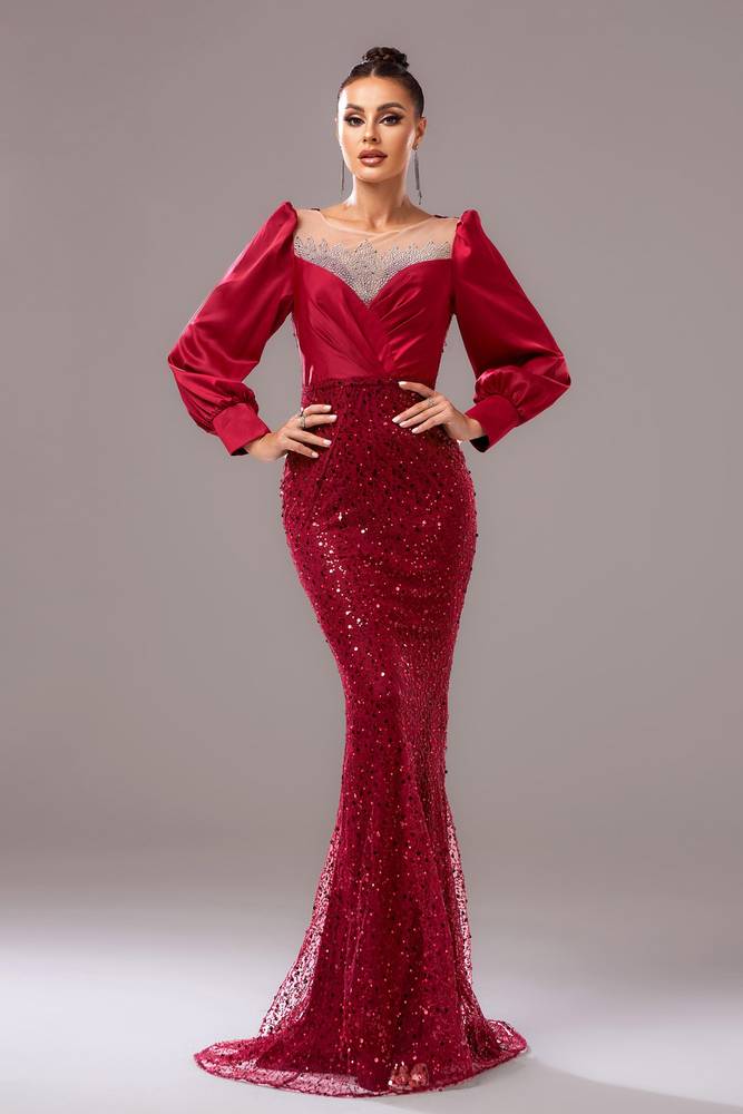 Red Jewel Neck Mermaid Sequin Satin Evening Dresses with Long Sleeves