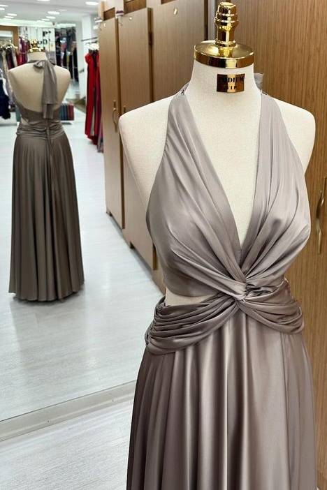 Trendy Floor-Length Halter Deep V-Neck A-Line Satin Prom Dresses with Ruffles