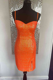 Orange Spaghetti Straps Sweetheart Sequined Short Mermaid Homecoming Dresses with Slit