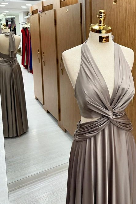 Trendy Floor-Length Halter Deep V-Neck A-Line Satin Prom Dresses with Ruffles