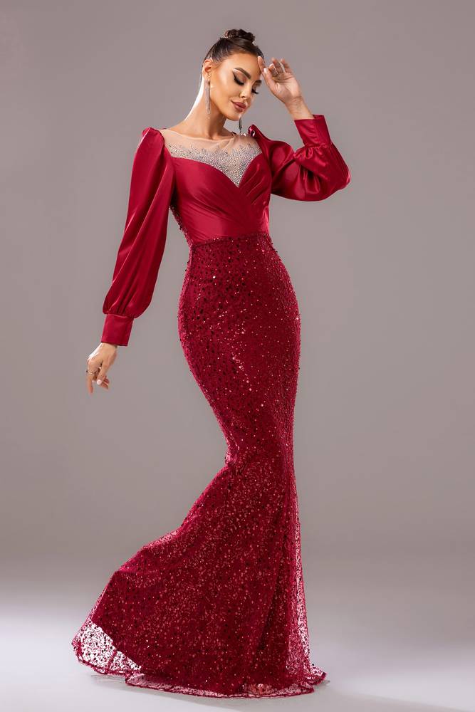 Red Jewel Neck Mermaid Sequin Satin Evening Dresses with Long Sleeves