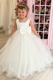 White Beaded Floor-Length Sleeveless Ball Gown Tulle Flower Girl Dresses with Bow