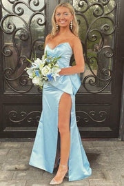 Blue Column Strapless Long Satin Formal Dresses with Slit