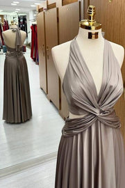 Trendy Floor-Length Halter Deep V-Neck A-Line Satin Prom Dresses with Ruffles