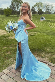 Blue Column Strapless Long Satin Formal Dresses with Slit