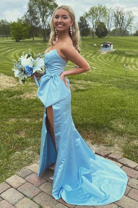 Blue Column Strapless Long Satin Formal Dresses with Slit