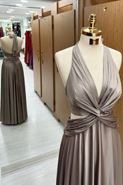 Trendy Floor-Length Halter Deep V-Neck A-Line Satin Prom Dresses with Ruffles