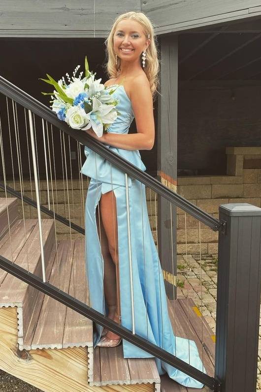 Blue Column Strapless Long Satin Formal Dresses with Slit