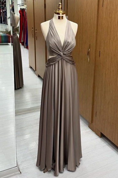 Trendy Floor-Length Halter Deep V-Neck A-Line Satin Prom Dresses with Ruffles