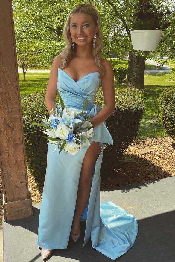 Blue Column Strapless Long Satin Formal Dresses with Slit