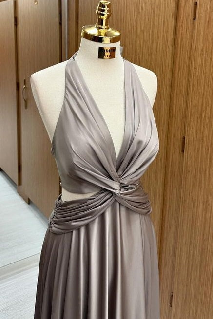 Trendy Floor-Length Halter Deep V-Neck A-Line Satin Prom Dresses with Ruffles