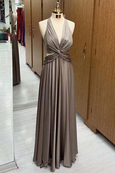 Trendy Floor-Length Halter Deep V-Neck A-Line Satin Prom Dresses with Ruffles