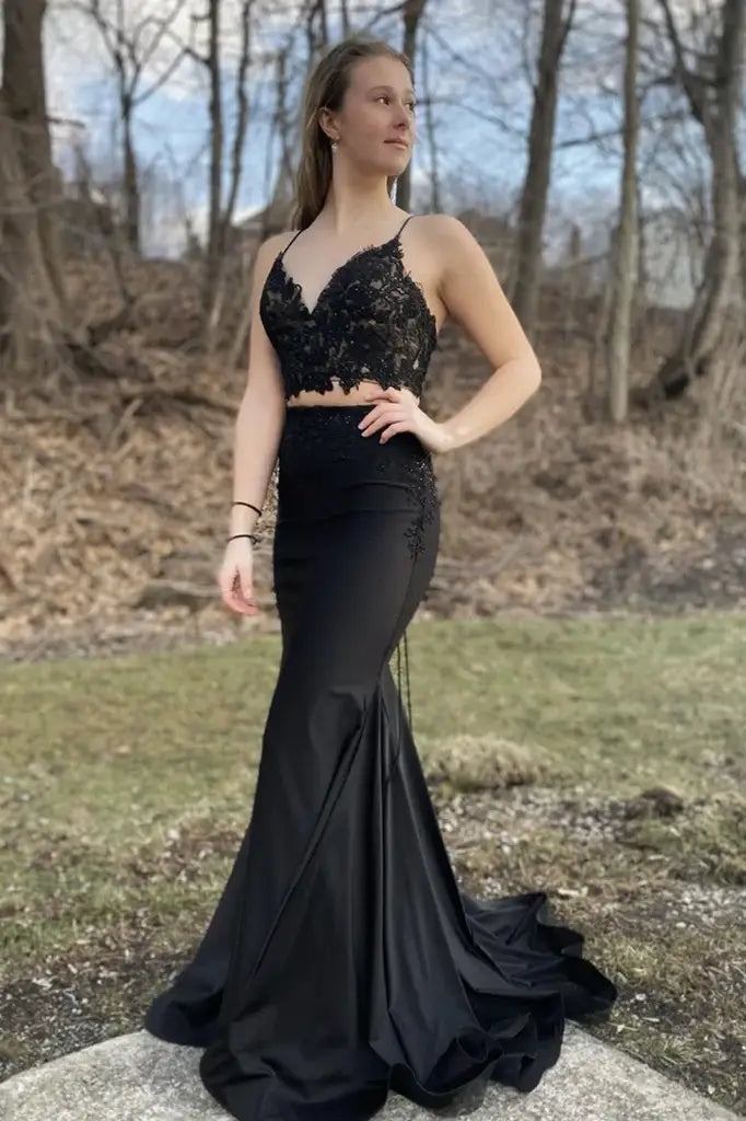 Black Two-Piece V-Neck Mermaid Lace Satin Prom Dresses