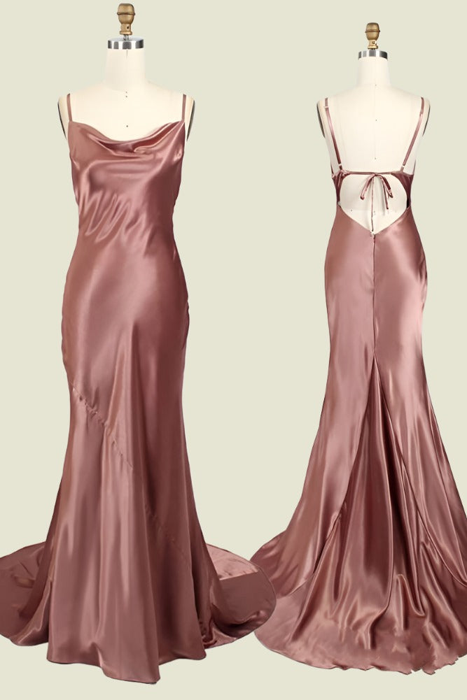 Deluxe Spaghetti Straps Cowl Neck Mermaid Satin Long Bridesmaid Dresses