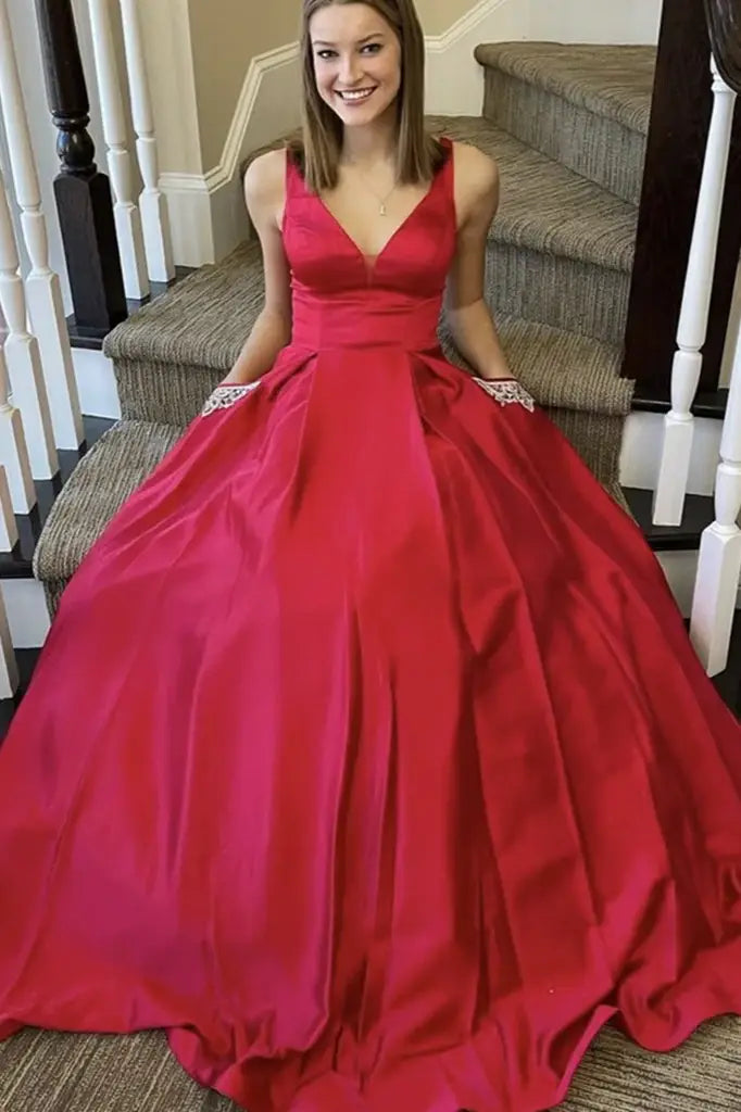 Red V-Neck A-Line Satin Long Formal Party Dresses with Pockets