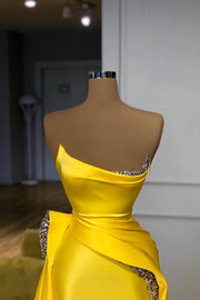 Yellow Strapless Mermaid Satin Long Party Prom Dresses with Rhinestones