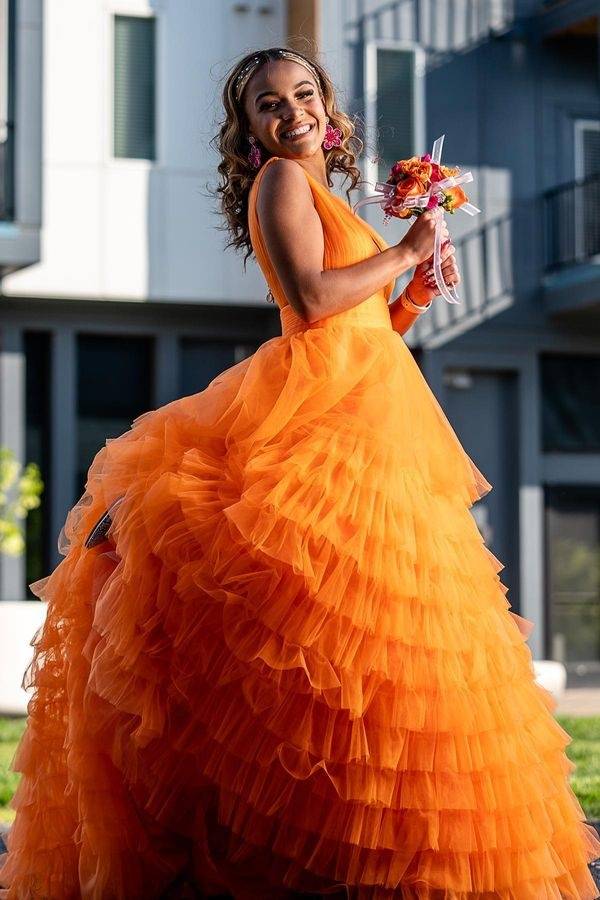 Orange V-Neck Sleeveless Ball Gown Tulle Wedding Dresses with Ruffles