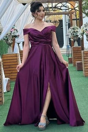 Stylish Sweep Train Off-The-Shoulder A-Line Satin Strapless Prom Dresses with Slit