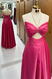 Stylish Halter Sleeveless Floor-Length A-Line Satin Prom Dresses