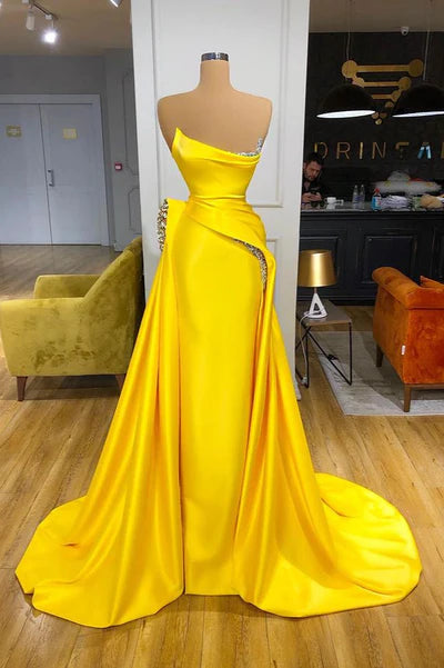 Yellow Strapless Mermaid Satin Long Party Prom Dresses with Rhinestones