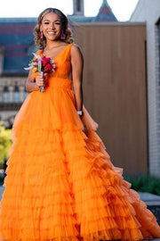 Orange V-Neck Sleeveless Ball Gown Tulle Wedding Dresses with Ruffles