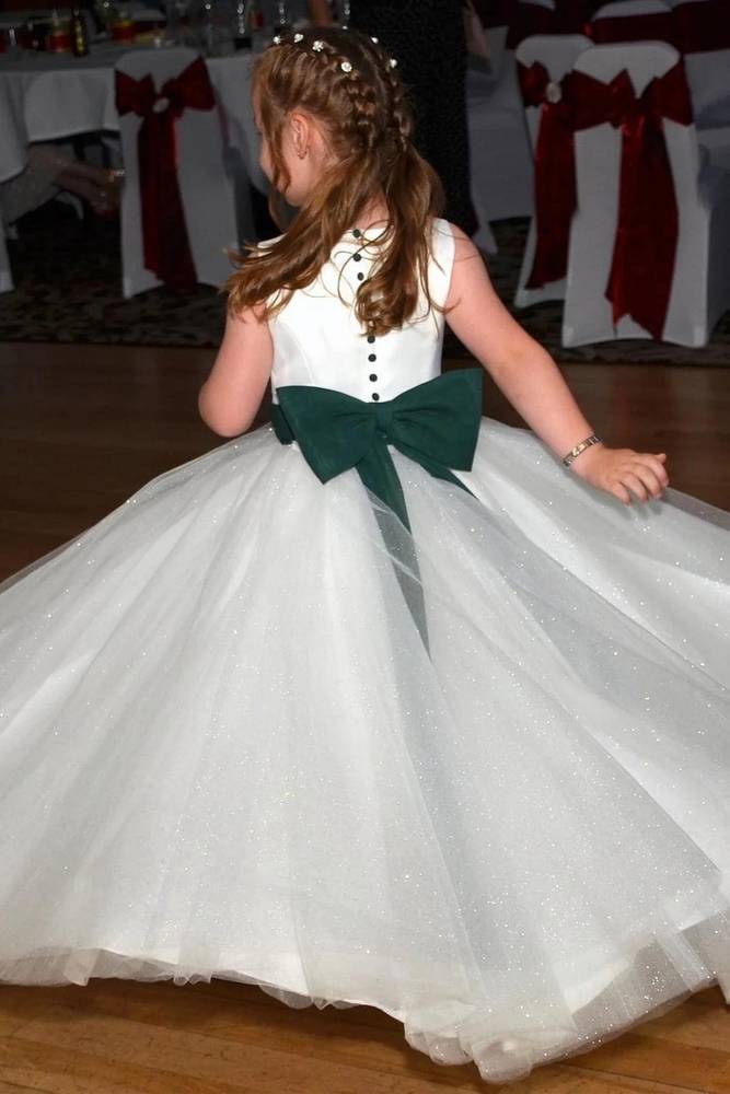 A-Line Floor-Length Satin Tulle Flower Girl Dresses with Bow