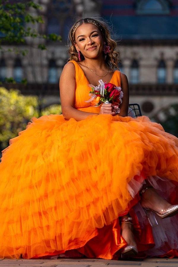 Orange V-Neck Sleeveless Ball Gown Tulle Wedding Dresses with Ruffles