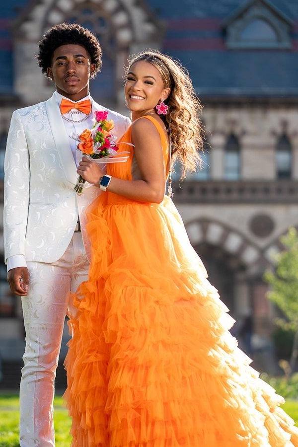 Orange V-Neck Sleeveless Ball Gown Tulle Wedding Dresses with Ruffles