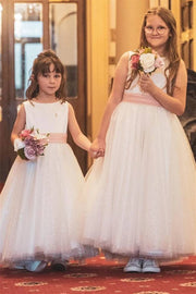 A-Line Floor-Length Satin Tulle Flower Girl Dresses with Bow